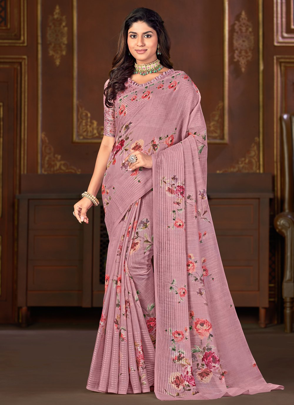 Designer Linen Pink Floral Patch Saree