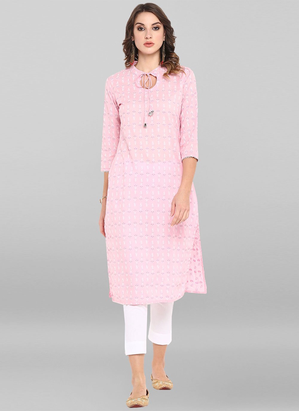 Designer Kurti Cotton Pink Floral Patch Kurtis