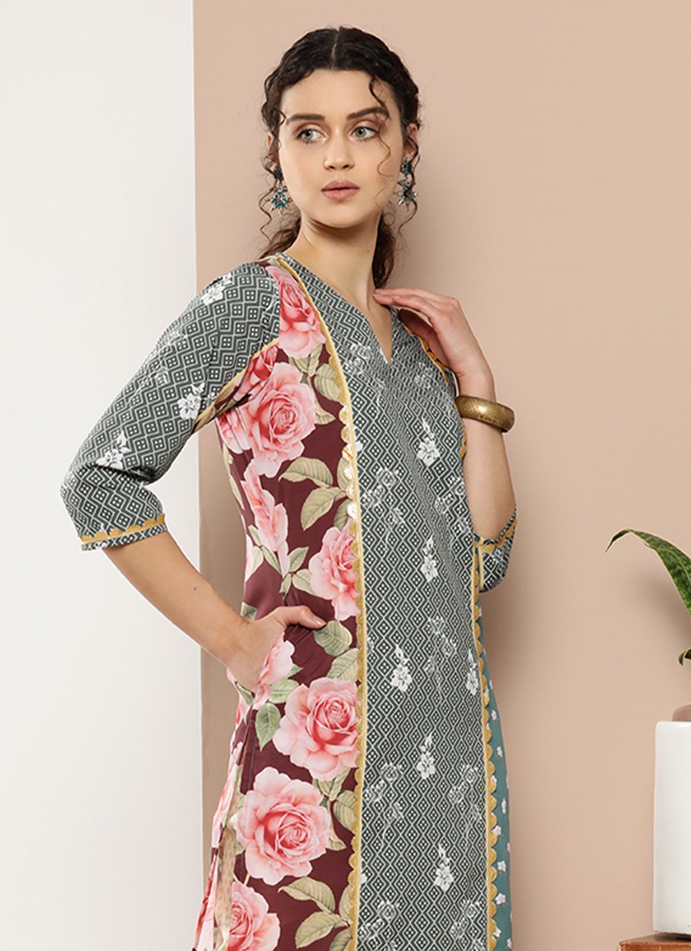 Designer Kurti Crepe Silk Multi Colour Floral Patch Kurtis