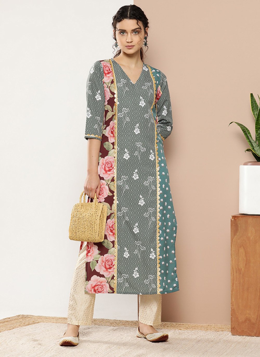 Designer Kurti Crepe Silk Multi Colour Floral Patch Kurtis Kajols Indian Pakistani Fashion Tailoring