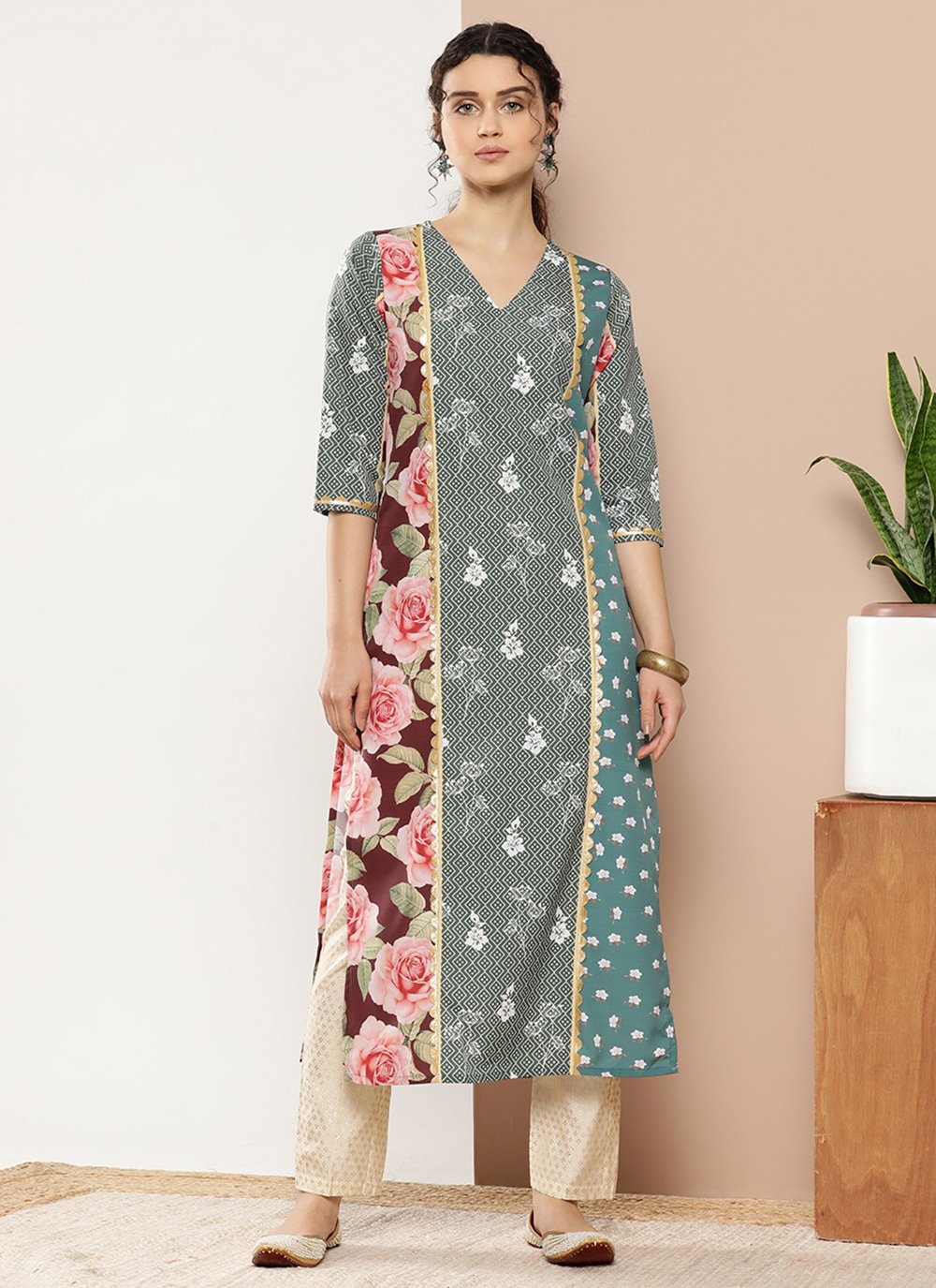 Designer Kurti Crepe Silk Multi Colour Floral Patch Kurtis