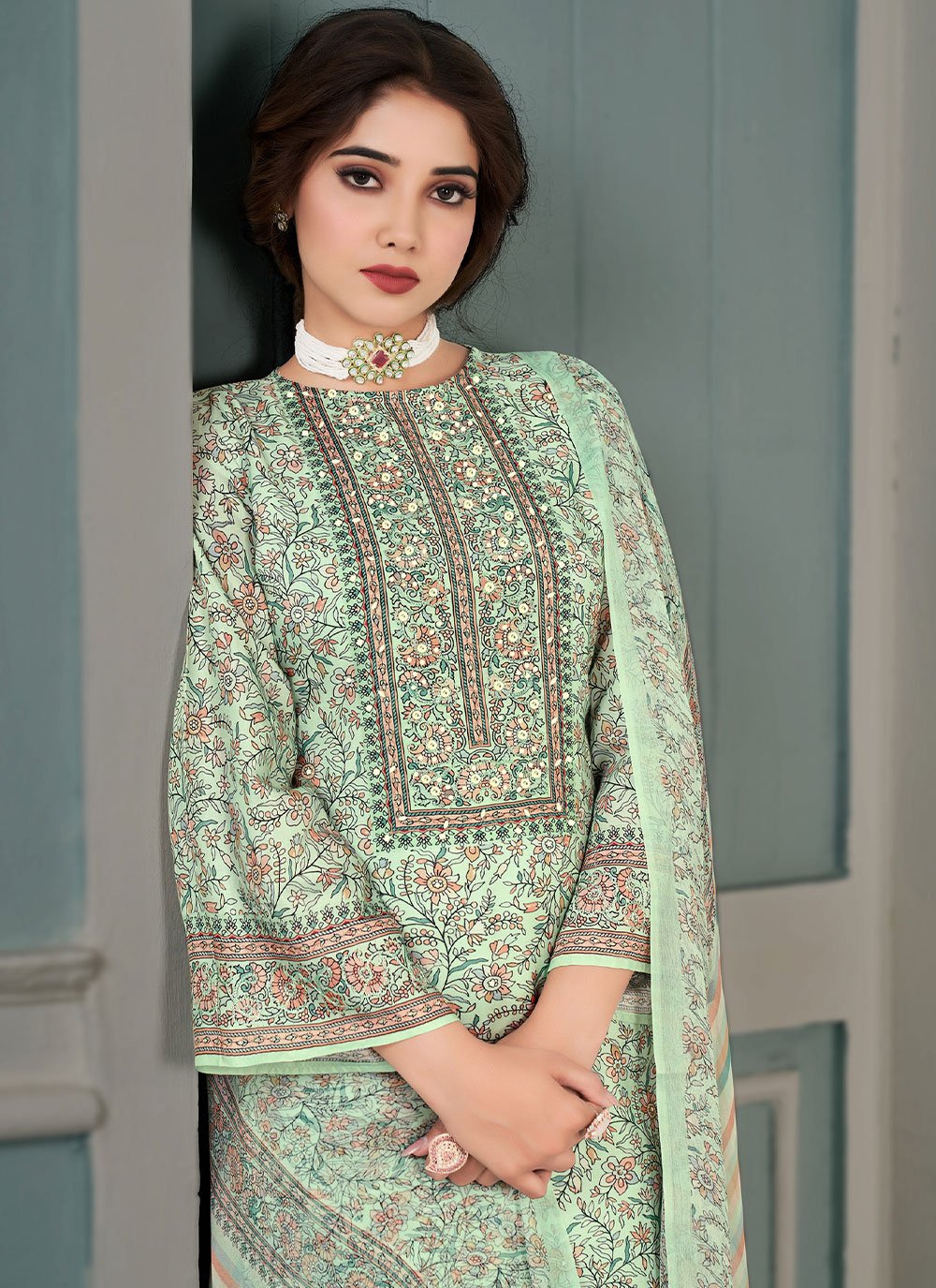 Straight Salwar Suit Muslin Sea Green Floral Patch Salwar Kameez