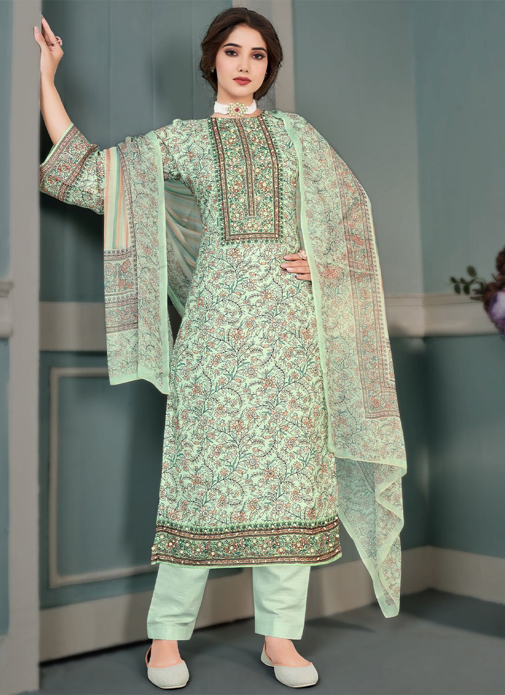 Straight Salwar Suit Muslin Sea Green Floral Patch Salwar Kameez