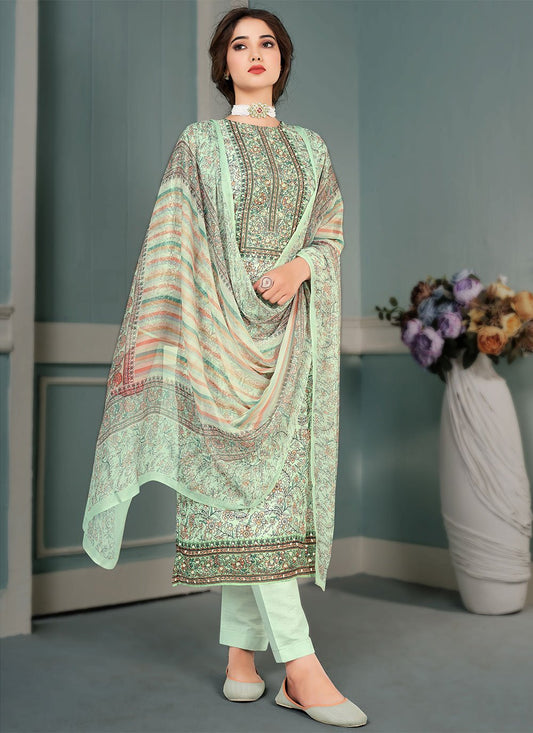 Straight Salwar Suit Muslin Sea Green Floral Patch Salwar Kameez