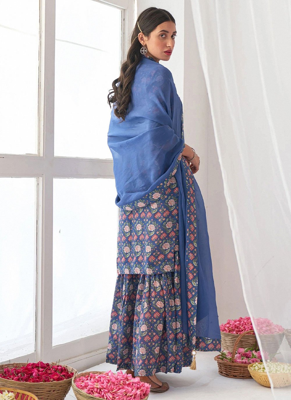 Salwar Suit Muslin Blue Floral Patch Salwar Kameez