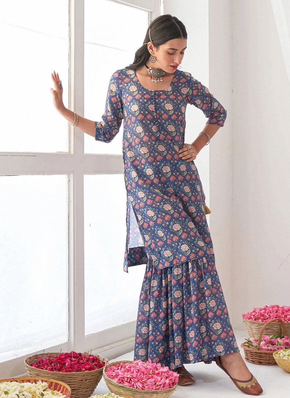 Salwar Suit Muslin Blue Floral Patch Salwar Kameez