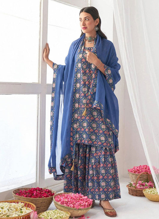 Salwar Suit Muslin Blue Floral Patch Salwar Kameez