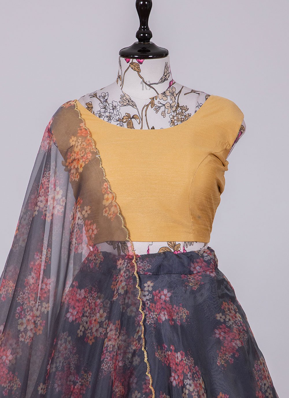 A Line Lehenga Organza Grey Floral Patch Lehenga Choli