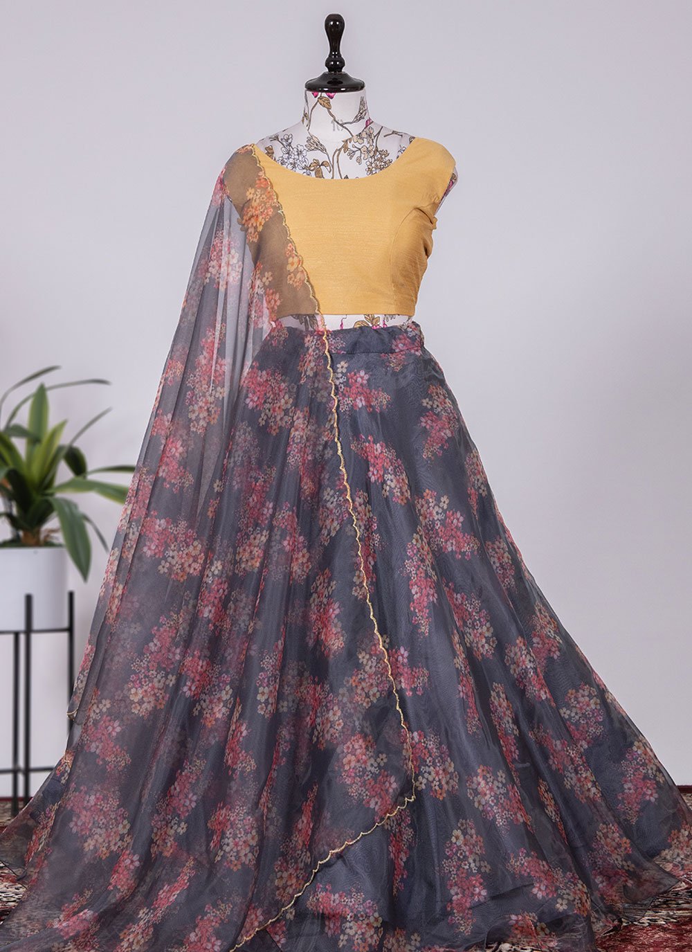 A Line Lehenga Organza Grey Floral Patch Lehenga Choli