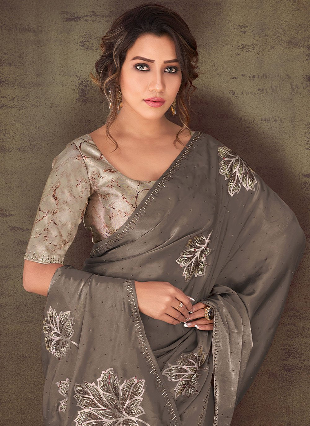 Classic Organza Silk Brown Floral Patch Saree