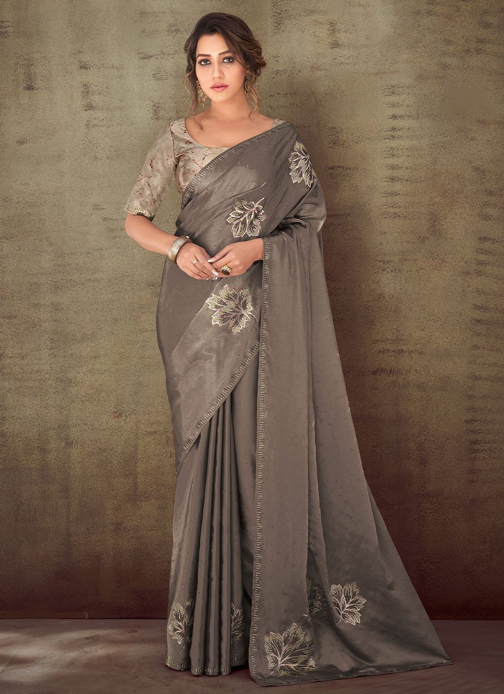 Classic Organza Silk Brown Floral Patch Saree