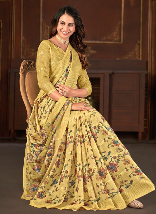 Designer Linen Yellow Floral Patch Saree