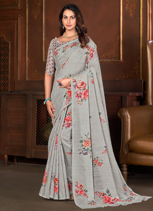 Designer Linen Grey Floral Patch Saree