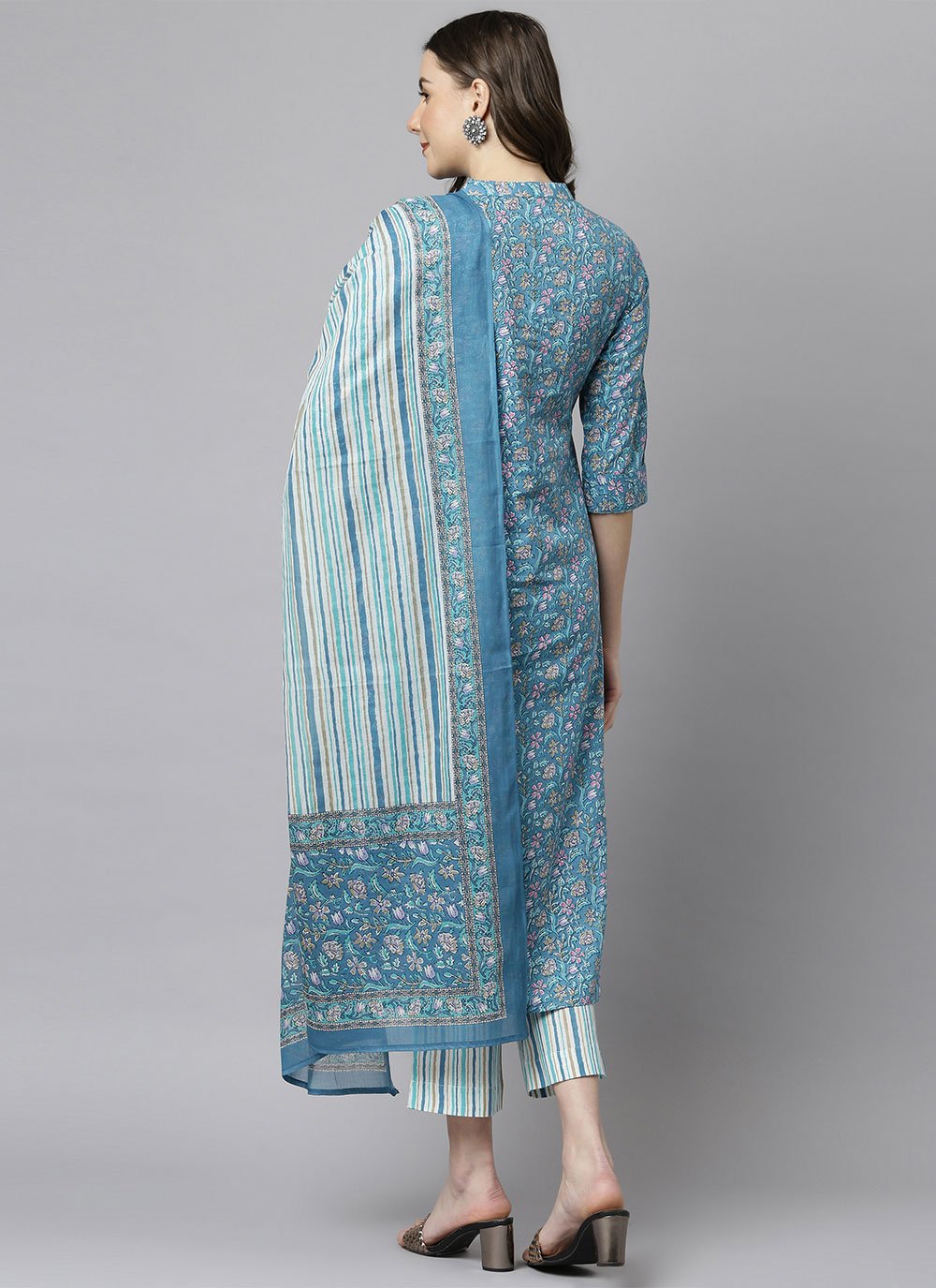 Pant Style Suit Cotton Blue Floral Patch Salwar Kameez