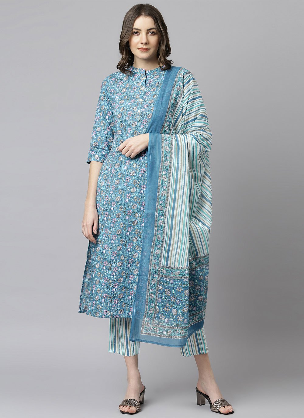 Pant Style Suit Cotton Blue Floral Patch Salwar Kameez