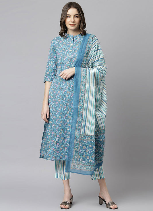 Pant Style Suit Cotton Blue Floral Patch Salwar Kameez