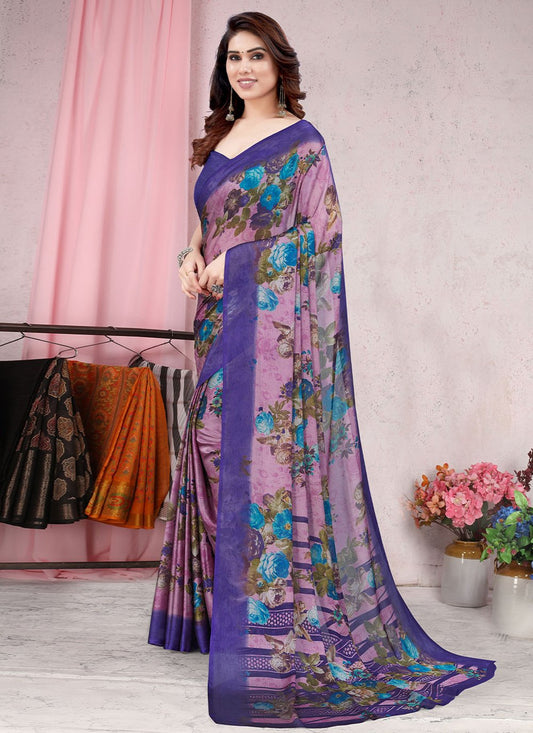 Trendy Saree Chiffon Pink Floral Patch Saree