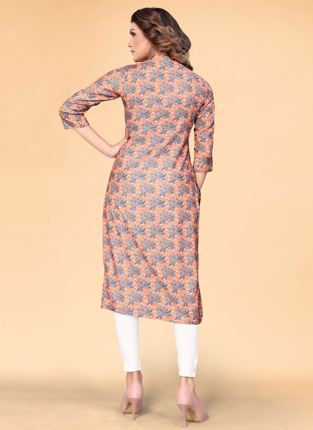 Casual Kurti Rayon Peach Floral Patch Kurtis