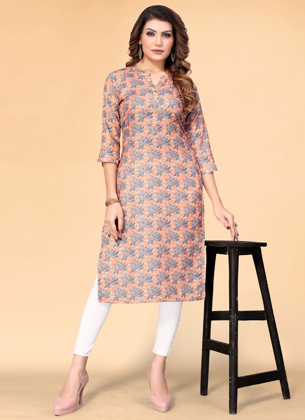 Casual Kurti Rayon Peach Floral Patch Kurtis