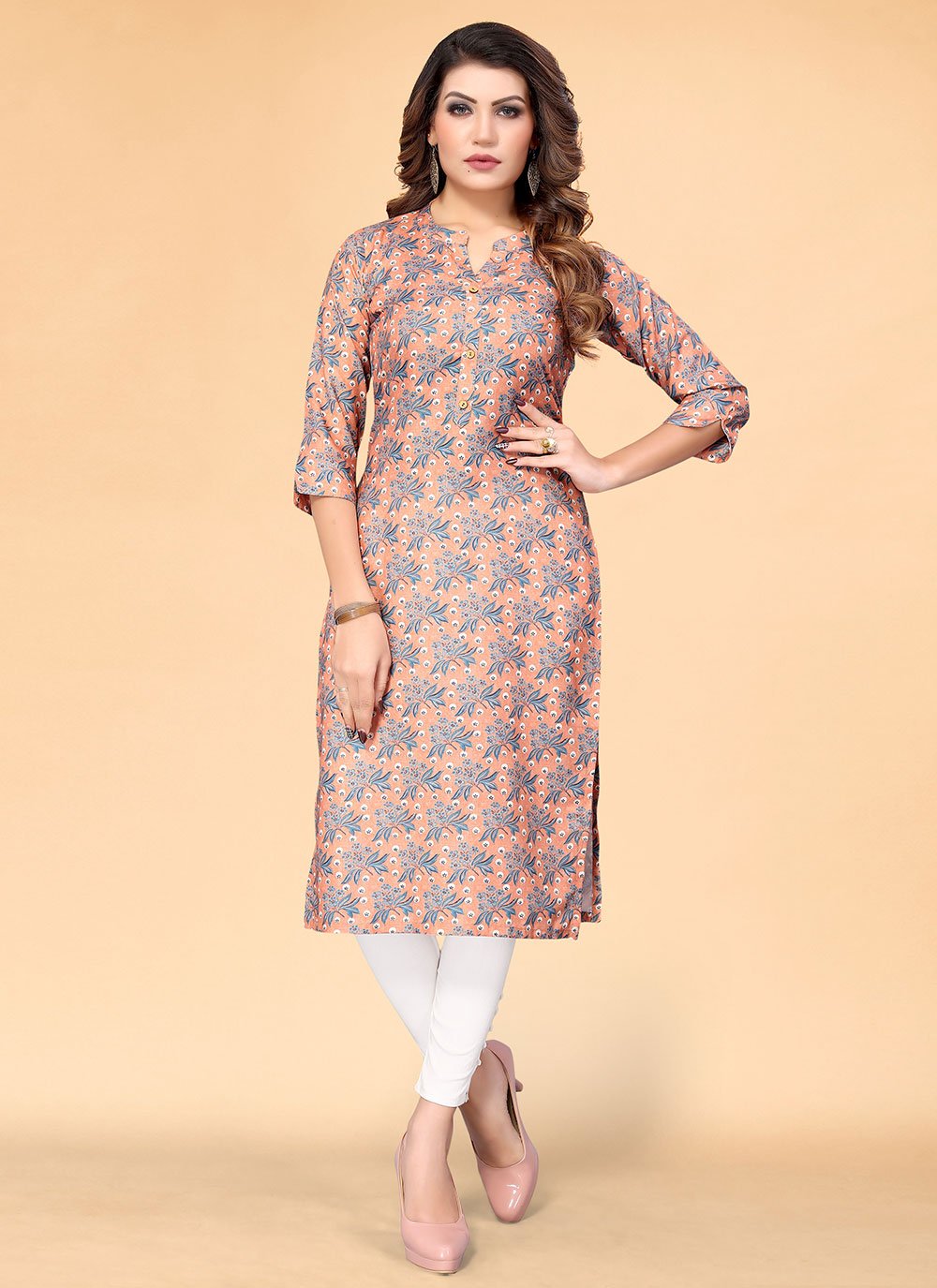 Casual Kurti Rayon Peach Floral Patch Kurtis