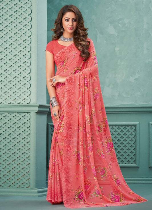 Casual Georgette Peach Floral Patch Saree