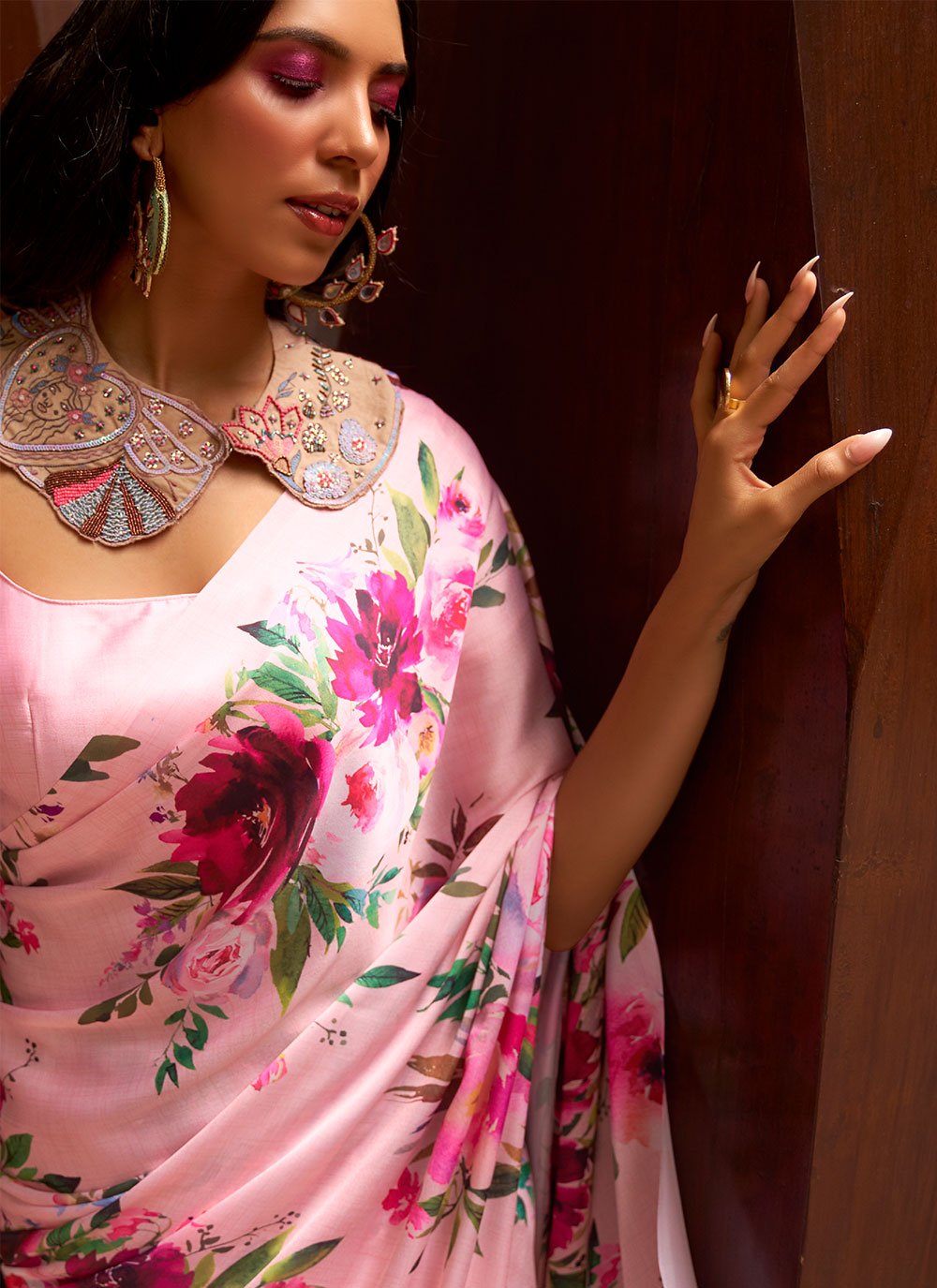 Trendy Saree Satin Pink Floral Patch Saree