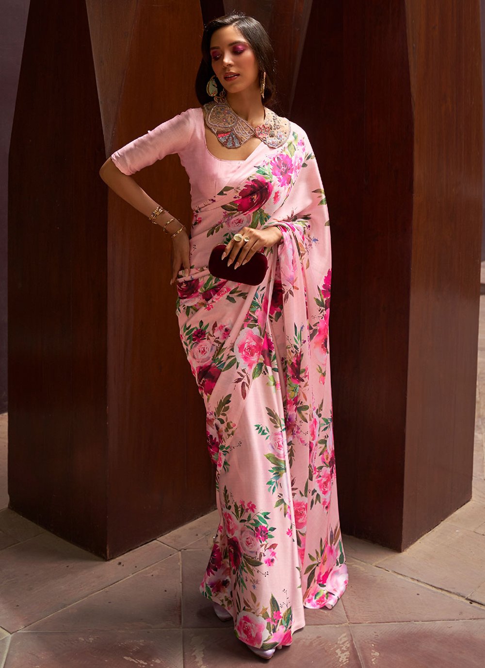 Trendy Saree Satin Pink Floral Patch Saree