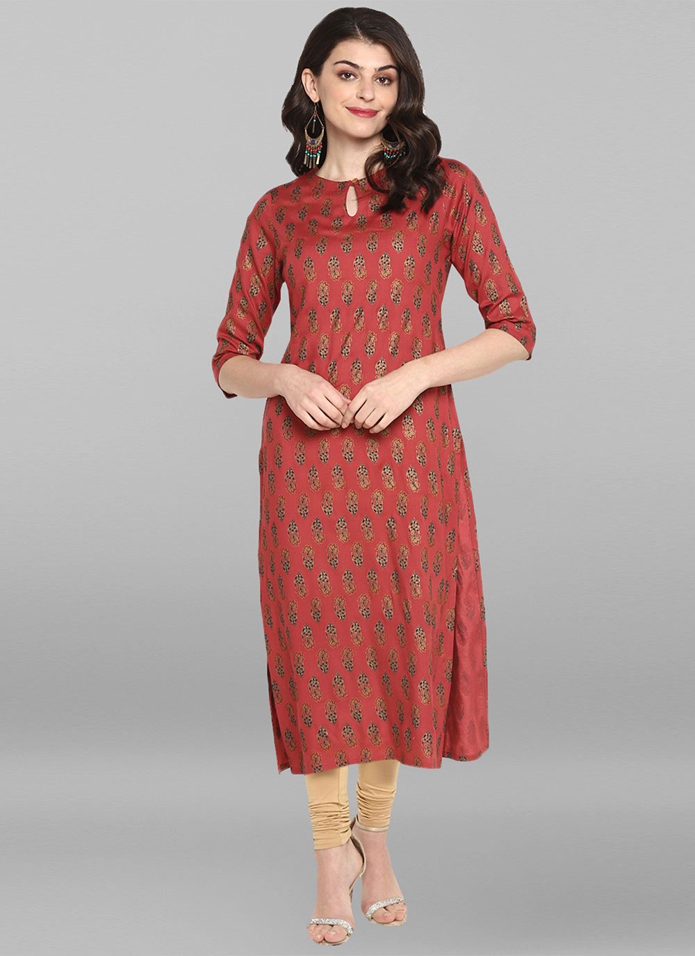 Casual Kurti Rayon Red Floral Patch Kurtis