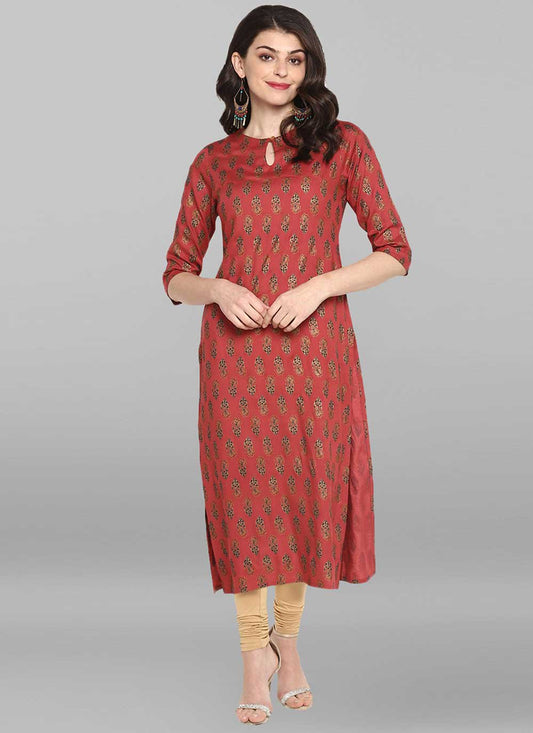 Casual Kurti Rayon Pink Floral Patch Kurtis