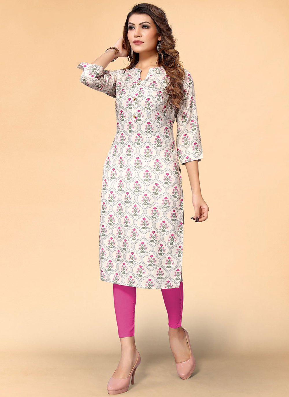 Casual Kurti Rayon Off White Floral Patch Kurtis