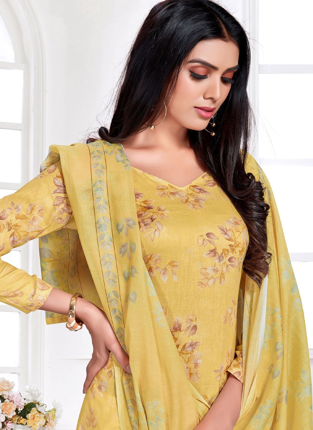 Salwar Suit Cotton Satin Yellow Floral Patch Salwar Kameez