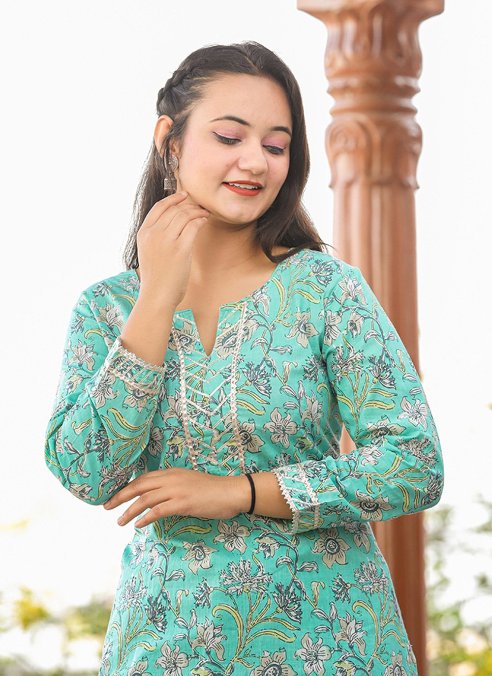 Designer Kurti Cotton Sea Green Floral Patch Kurtis