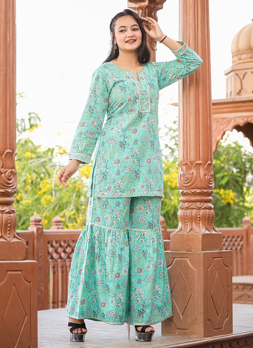 Designer Kurti Cotton Sea Green Floral Patch Kurtis