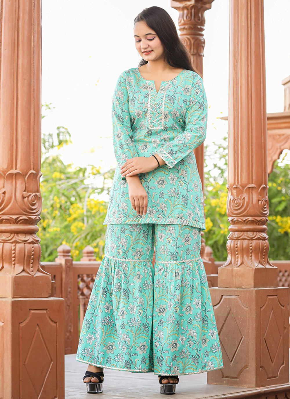 Designer Kurti Cotton Sea Green Floral Patch Kurtis