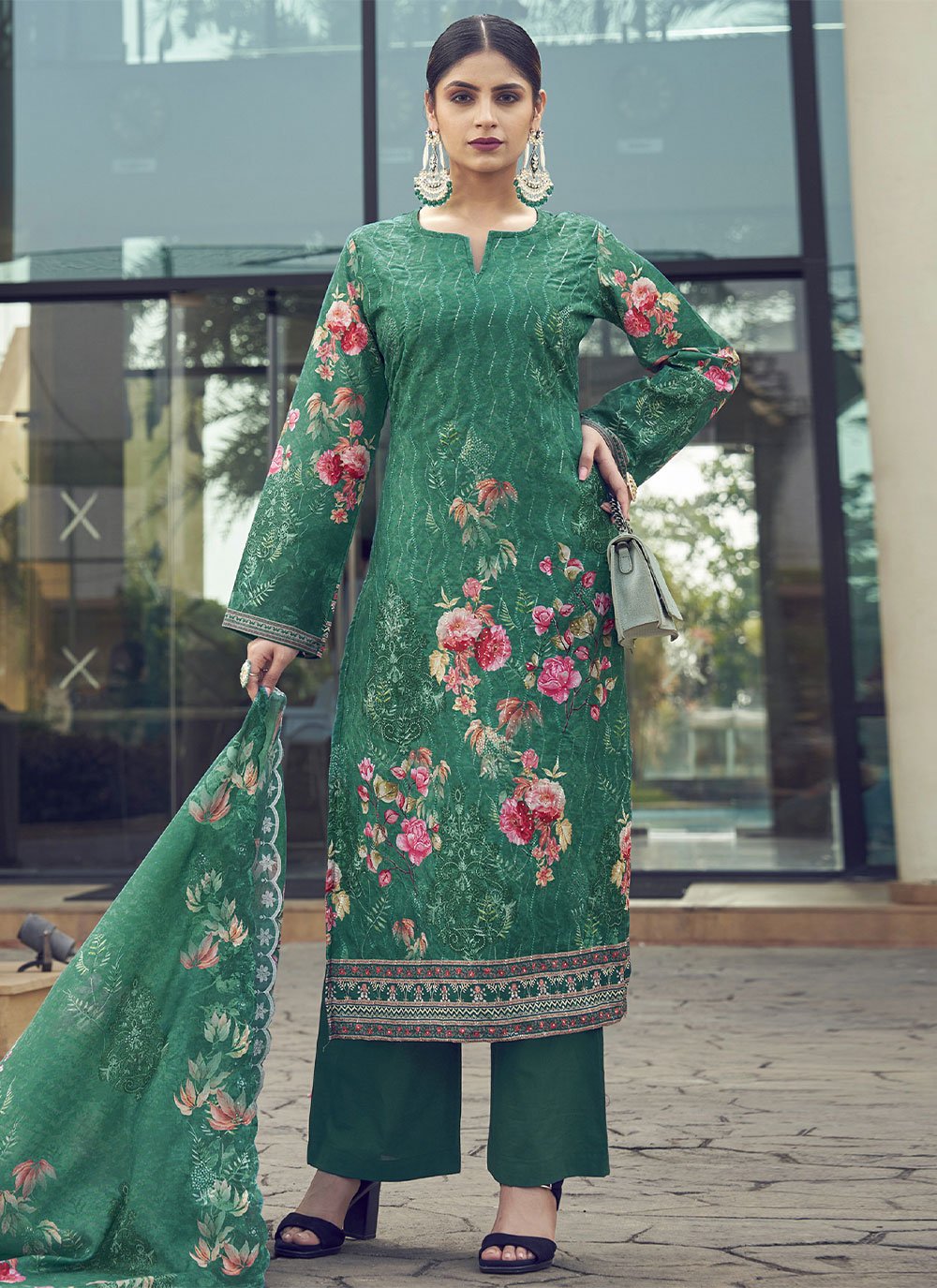 Salwar Suit Muslin Green Digital Print Salwar Kameez