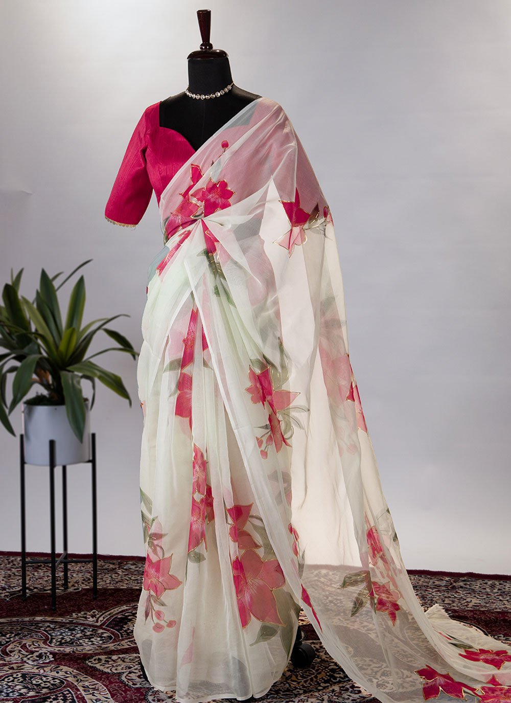 Trendy Saree Organza Off White Floral Patch Saree