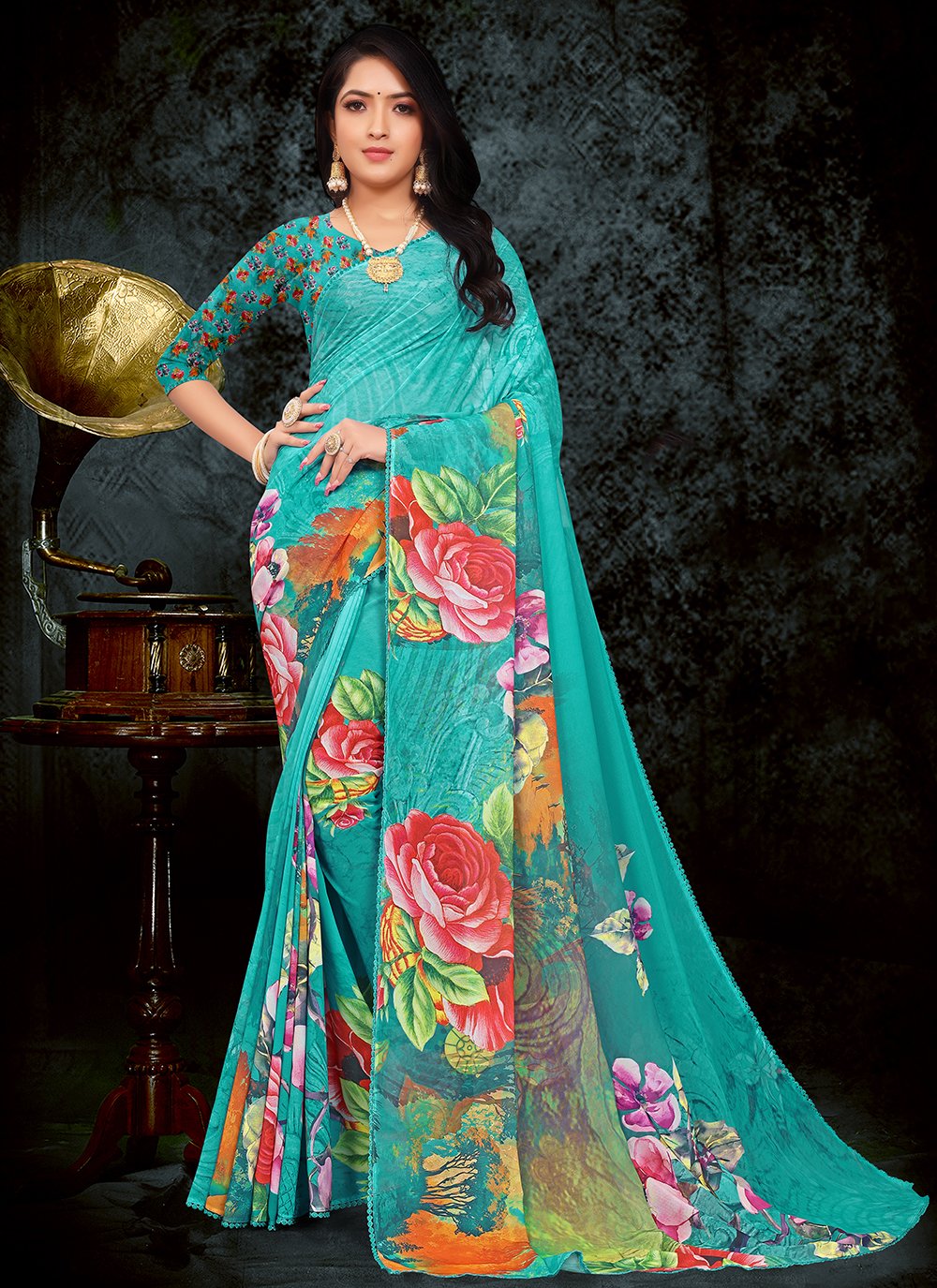 Contemporary Weight Less Sea Green Floral Patch Saree