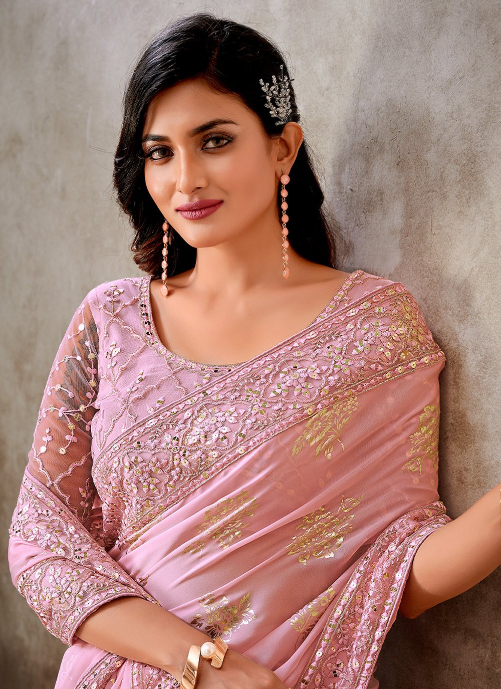 Trendy Saree Foil Silk Pink Patch Border Saree