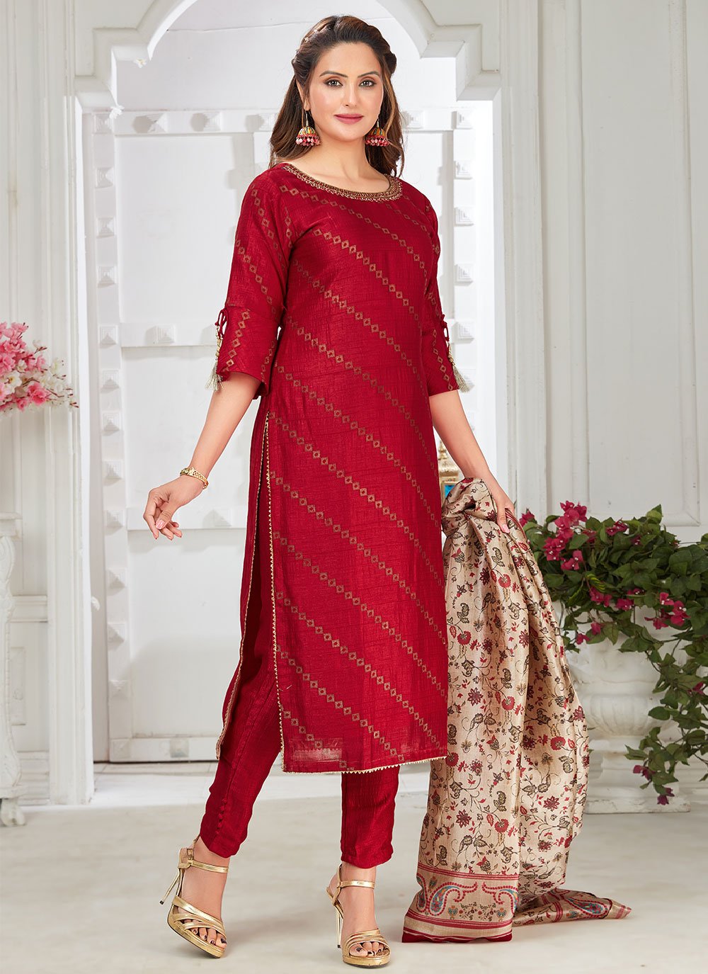 Pant Style Suit Art Silk Foil Maroon Hand Work Salwar Kameez