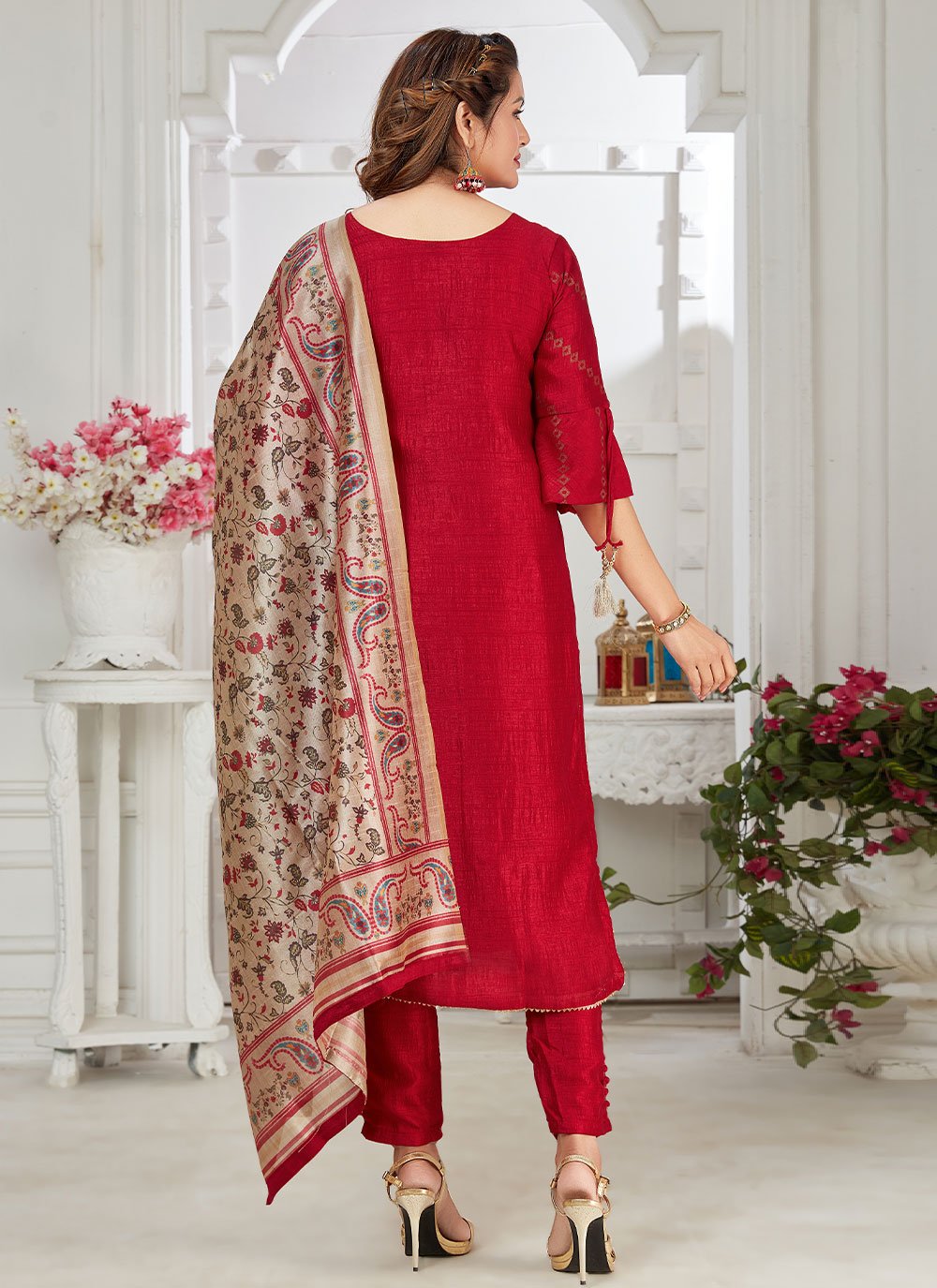 Pant Style Suit Art Silk Foil Maroon Hand Work Salwar Kameez