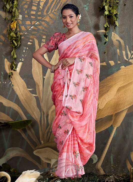 Contemporary Foil Pink Embroidered Saree