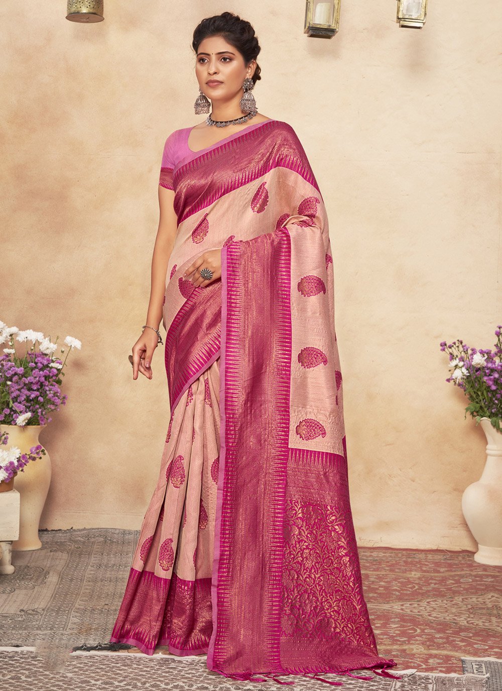 Designer Cotton Beige Magenta Foil Print Saree