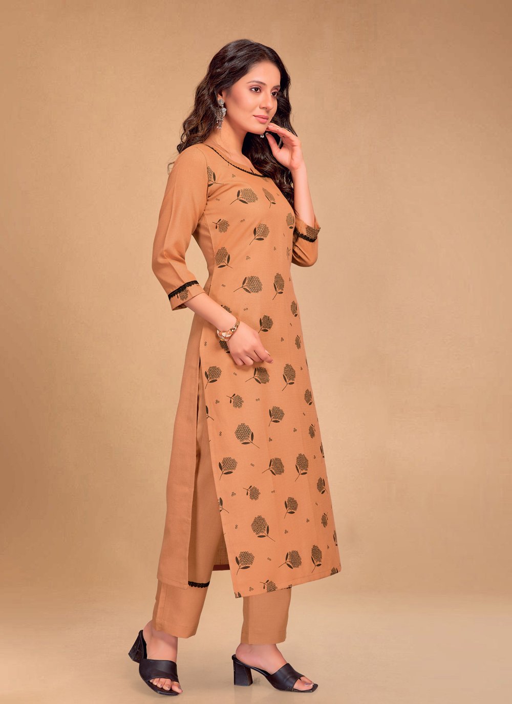 Pant Style Suit Blended Cotton Orange Foil Print Salwar Kameez