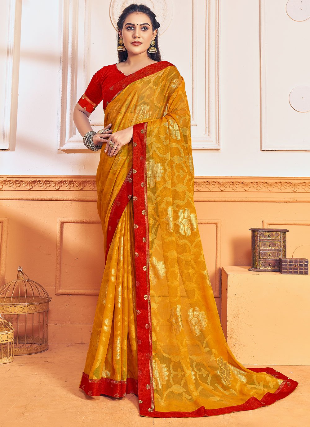 Classic Brasso Chiffon Yellow Foil Print Saree