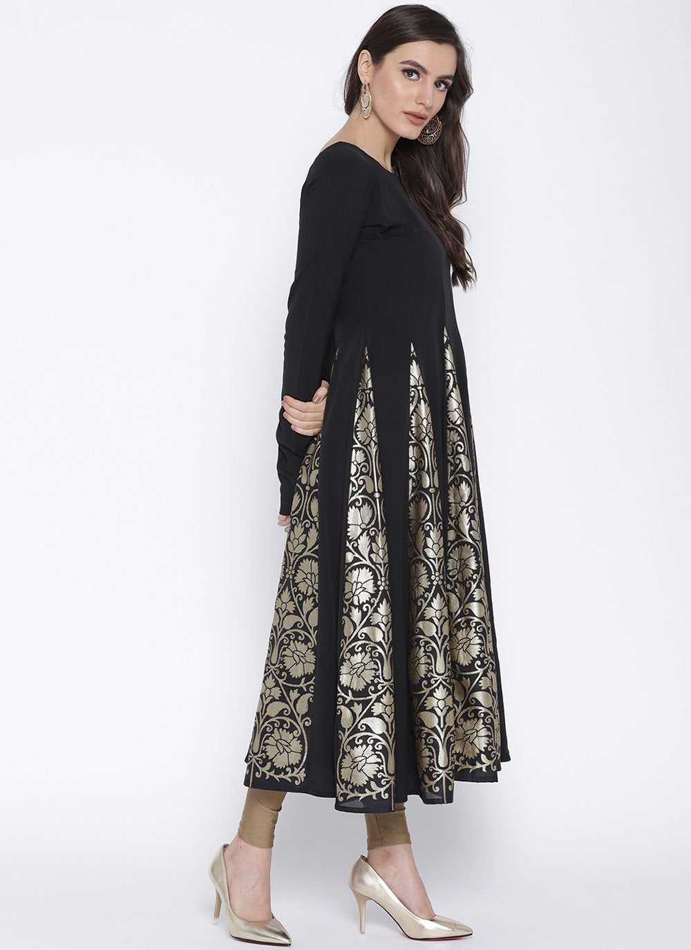 Floor Length Kurti Crepe Silk Black Foil Print Kurtis