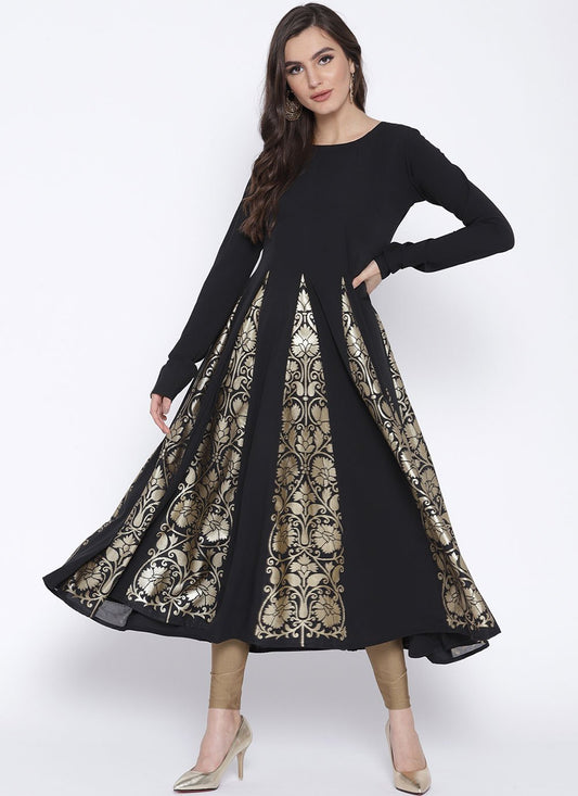 Floor Length Kurti Crepe Silk Black Foil Print Kurtis