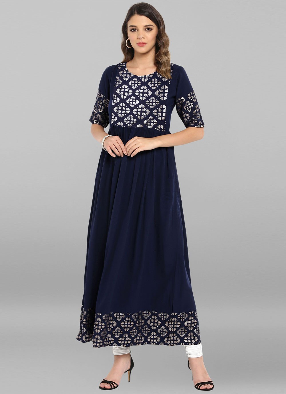 Casual Kurti Faux Crepe Blue Foil Print Kurtis