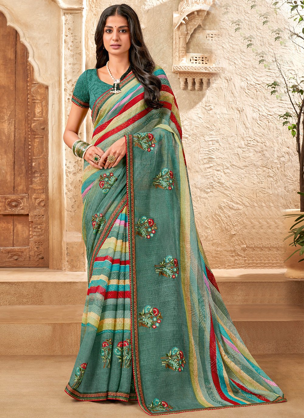 Classic Chiffon Green Fancy Work Saree