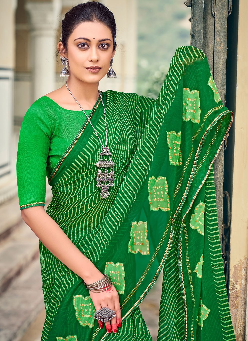 Classic Chiffon Green Foil Print Saree