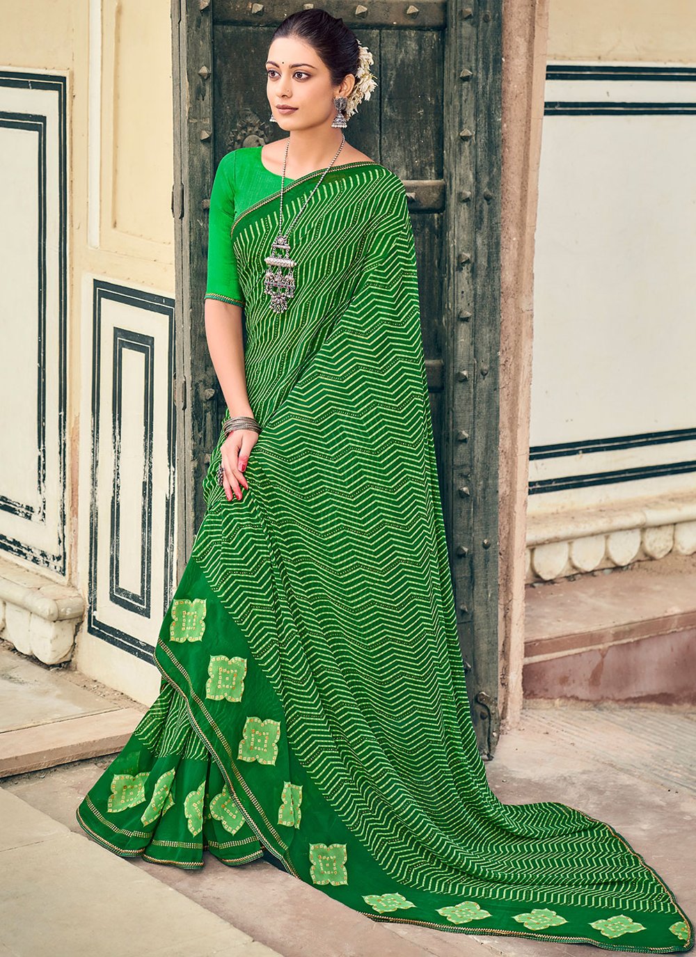 Classic Chiffon Green Foil Print Saree